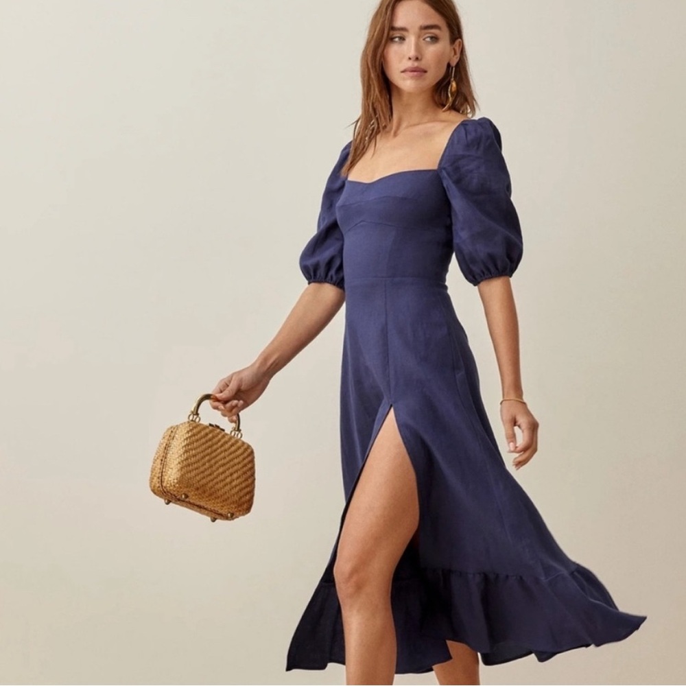 Reformation Navy Linen Puff Sleeve Dress